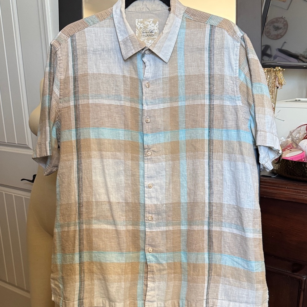 Tasso Elba Short-Sleeve Button-Down Shirt in Tan & Light Blue Plaid size XL